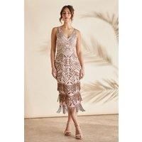 V Neck Column Embellished Dress With Fringe Hem