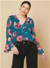 Wallis Women's Floral Spot Ruffle Detail Blouse in Teal | Size: 16