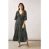 Womens Geo Print Shirred Midi Dress
