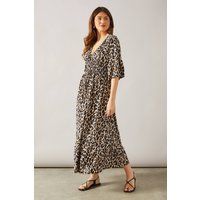 Womens Leopard Print Shirred Midi Dress
