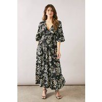 Womens Floral Shirred Midi Dress
