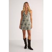 Floral Tapestry Halter Neck Button Front Mini Dress