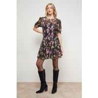 Oasis Women's Printed Dobby Shirred Bodice Mini Dress in Black | Size: 8