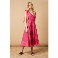 Petite Tie Shoulder V Neck Broderie Midi Dress