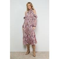 Oasis Women's Cold Shoulder Ruffle Halterneck Midi Dress in Floral | Size: 16