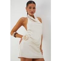 MissPap Women's Satin Cowl Corsage Drape Mini Dress in Ivory | Size: 14