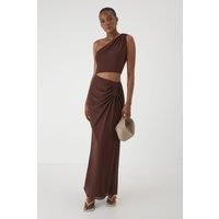 MissPap Women's Asymmetric Shoulder Cut Out Ruched Maxi Dress in Chocolate | Size: 14