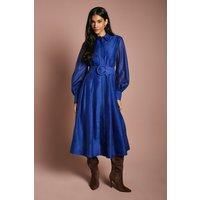 Organza Long Sleeve Midi Shirt Dress With Belt