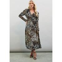 Petite Leopard Viscose Ruched Sleeve Midi Dress