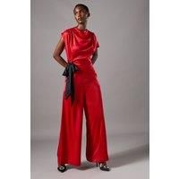 Tie Side Satin Drape Wide Leg Jumpsuit