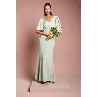 Contrast Satin Angel Sleeve Open Back Bridesmaid Dress