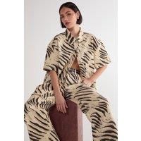 NastyGal Women's Tiger Print Short Sleeve Denim Shirt in Butter | Size: 4