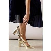Elodie Faux Leather Asymmetric Strap Pointed High Block Heel Court Shoes