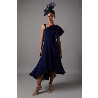 One Shoulder Crepe Ruffle Midi Dress