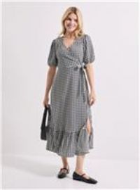 Womens Gingham Puff Sleeve Wrap Front Midi Dress