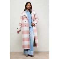 Oasis Women's Brushed Check Funnel Neck Coat in Pink | Size: 6