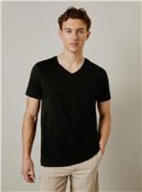 Mens Black Plain V Neck T-Shirt - L