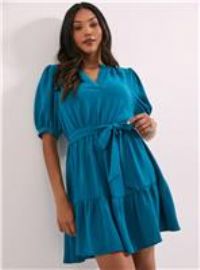 Womens Overhead Belted Puff Sleeve Mini Dress