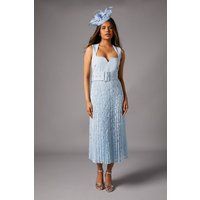 Coast Women's Petite Notch Neck Pleated Lace Skirt Midi Dress in Light Blue | Size: 16