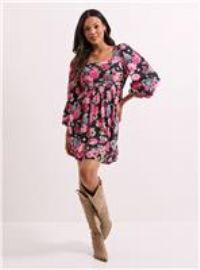 DOROTHY PERKINS Black Abstract Wrap Front Blouson Sleeve Mini Dress 18