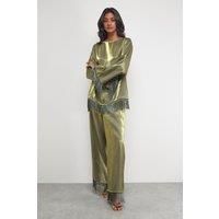 Satin Fringe Hem High Waisted Trouser