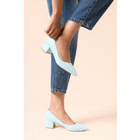Womens Belinda Faux Leather Pointed Medium Block Heel Court Shoes