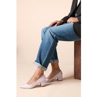 Womens Belinda Faux Leather Pointed Medium Block Heel Court Shoes
