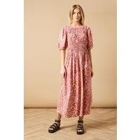 Printed Shirred Bodice Puff Sleeve Midi Dress