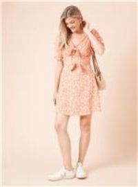 Womens Coral Ditsy Bow Front Puff Sleeve Mini Dress