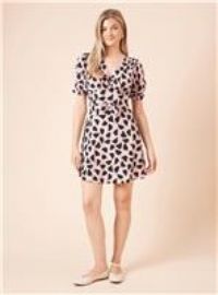 Womens Pink Heart Bow Front Puff Sleeve Mini Dress