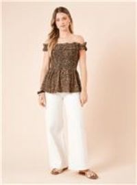 Womens Leopard Shirred Bodice Bardot Peplum Top