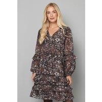 PETITE ABSTRACT PRINT EMBELLISHED RUFFLE SHIFT DRESS