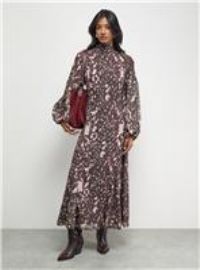 WAREHOUSE Paisley Burnout Spot High Neck Godet Midi Dress 10