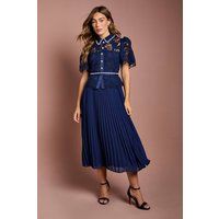Coast Women's Lace Top Pleat Skirt Jewel Button Dress in Navy | Size: 16