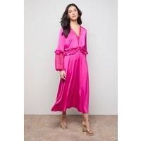 Oasis Women's Lace Sleeve Frill Waist V Neck Midi Dress in Fuchsia | Size: 8