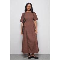 Warehouse Women's Seersucker Organza Godet Side Puff Sleeve Midi Dress in Chocolate | Size: 12