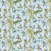 Exotic Botanical Feel Garden Wallpaper with Birds and Flowers - Blue