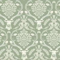 SOPHIE LAURENCE Stag Damask Sage Green Wallpaper - Flowers Birds Floral Wallpaper for Feature Wall Living Room Bedroom - Paste The Paper Wallpaper