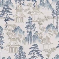 Arthouse Japanese Pagoda Blue Grey Wallpaper Floral Oriental Feature Wall