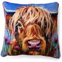 Louise Brown Highlander Cow Cushion - 40 x 40cm Piped Soft Brushed Velvet