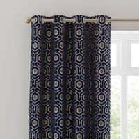 DUNELM GEO CUT NAVY AND GOLD VELVET EYELET CURTAINS 117 X 182
