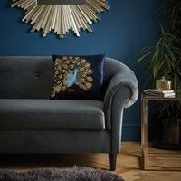 Navy Embroidered Peacock Cushion Navy, Green and Beige