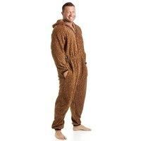 Camille Mens Super Soft Fleece Onesie - Hooded All in One - Long Sleeved and Side Pockets for Ultimate Comfort & Warmth (UK, Alpha, S, Regular, Regular, CARAMAL LEOPARD)