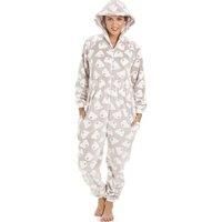 Camille Women's Supersoft Cuddle Fleece Bear Print Hooded Onesie in Beige | Size: 14-16