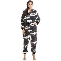 Camille Womens Super Soft Fleece Onesie - Print Hooded All In One - Long Sleeved and Side Pockets Snow Camo 18-20