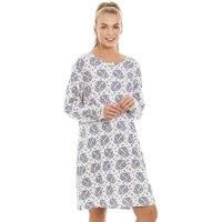 Camille Ladies Long Sleeved Nightdress- Womens Nightwear - Nightie with Pretty White Lace Detailing Around The Cuffs Blue Floral 14-16