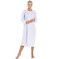 Camille Ladies Long Sleeved Nightdress - Smooth Womens Nightwear - Nightie with Embroidery & Piping Across The Chest and Neck Button Fastening Blue 18-20