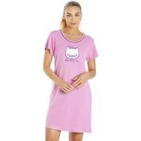 Camille Women's Short Sleeve Cat Print Summer Nightdress in Lilac | Size: 16-18