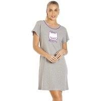 Camille Women's Short Sleeve Cat Print Summer Nightdress in Grey | Size: 12-14