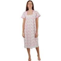 Camille Lightweight 100% Cotton Ladies Nightdress – Short Sleeve Floral Nighties for Women - Lace Accents, Square Neck & Button Fastening Summer Womens Nightwear Pink 18-20